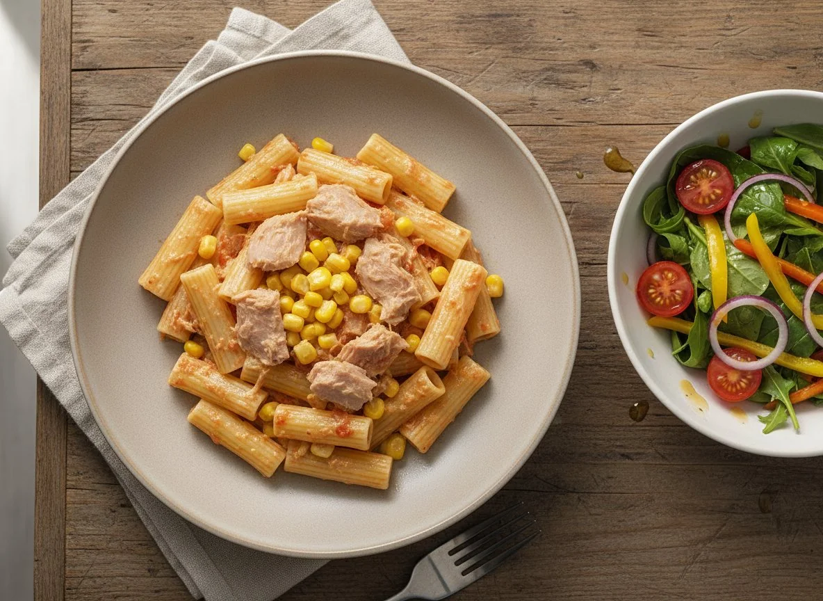 Pasta with Tuna and Sweetcorn, served with a Side Salad photo