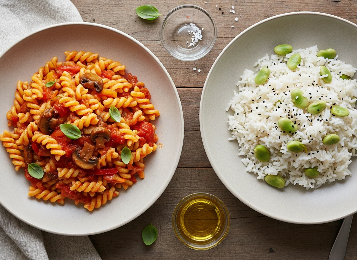 Pasta with vegetable sauce and rice with broad beans photo