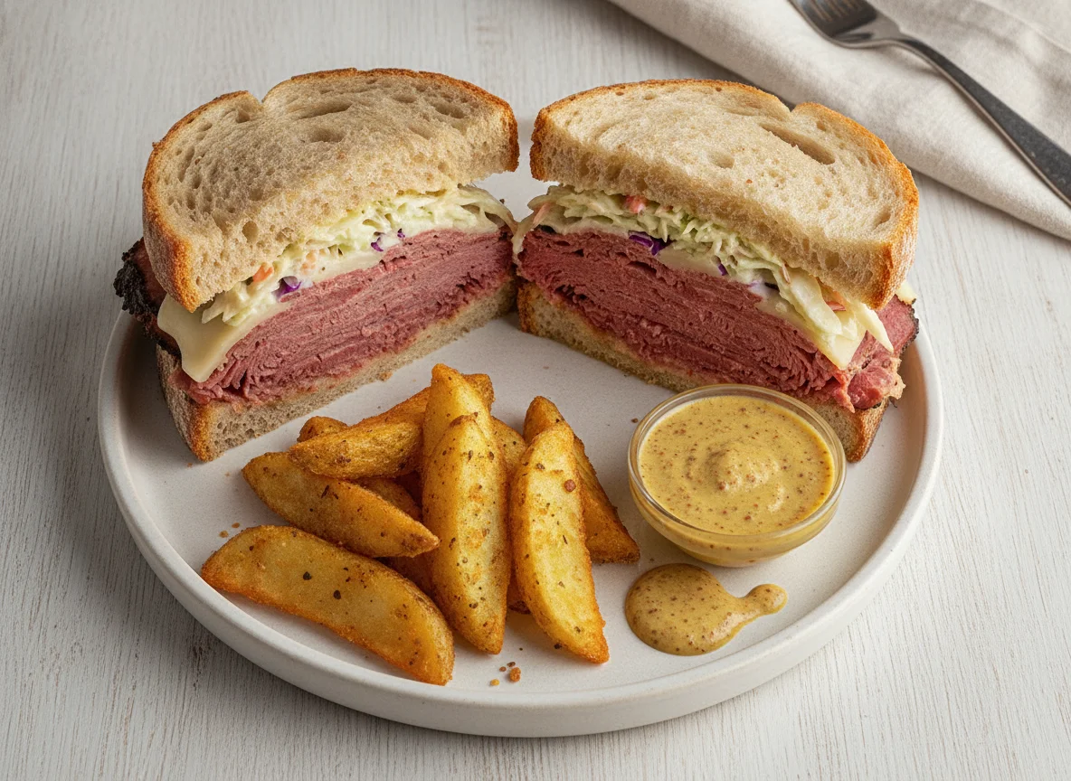 Pastrami Sandwich with Potato Dippers and Mustard Sauce photo
