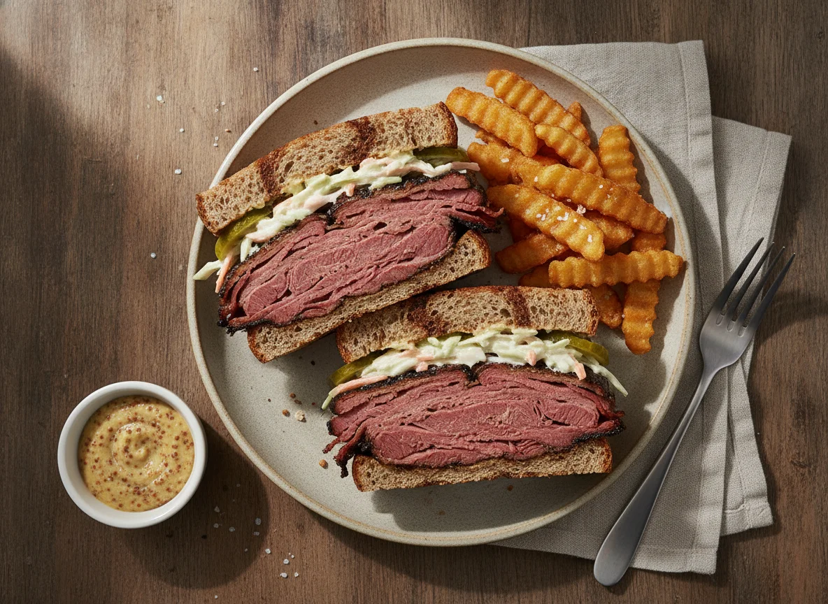 Pastrami Sandwich with Potato Wedges and Mustard Sauce photo