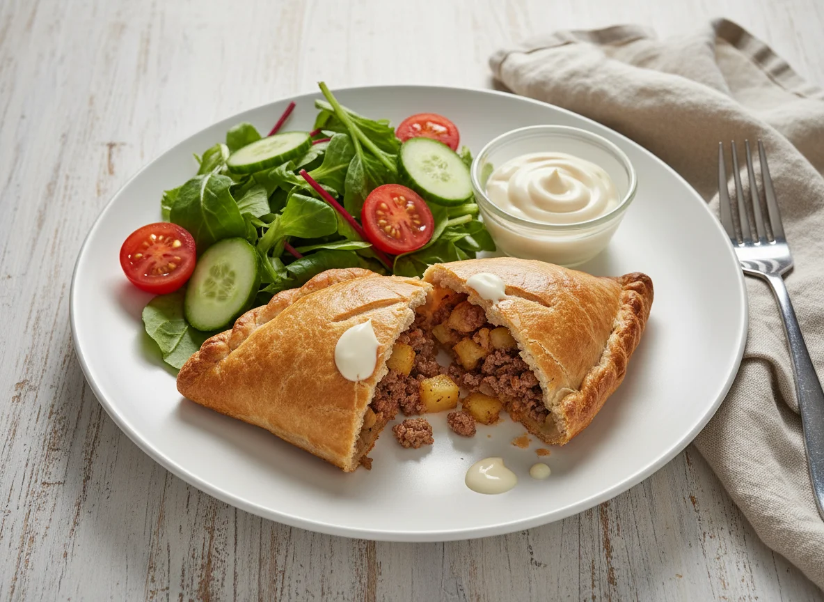Pasty with salad and mayonnaise photo