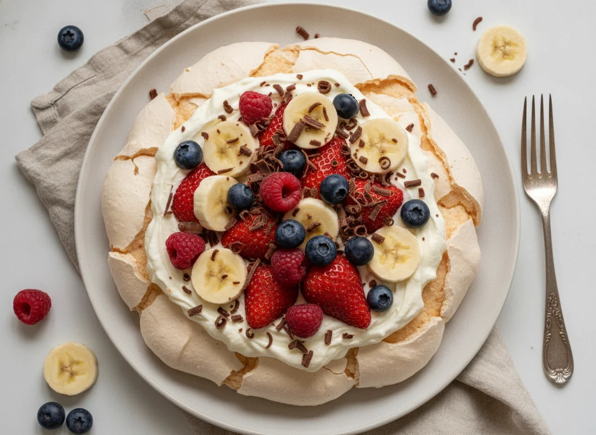 Pavlova with fresh berries and banana photo