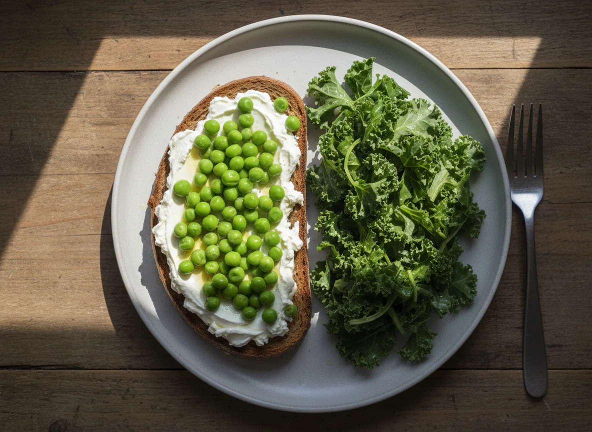 Pea and cream cheese toast with kale salad photo