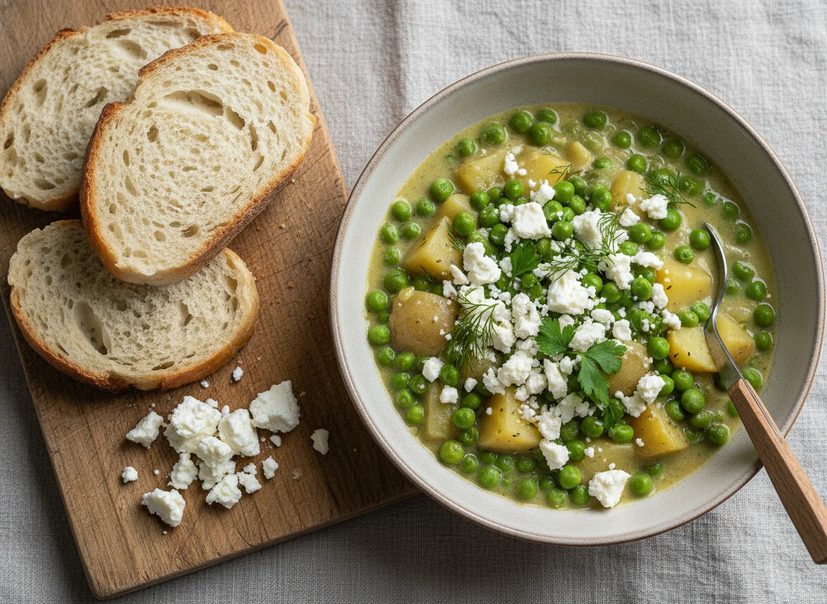 Pea and Potato Stew with Bread and Feta photo