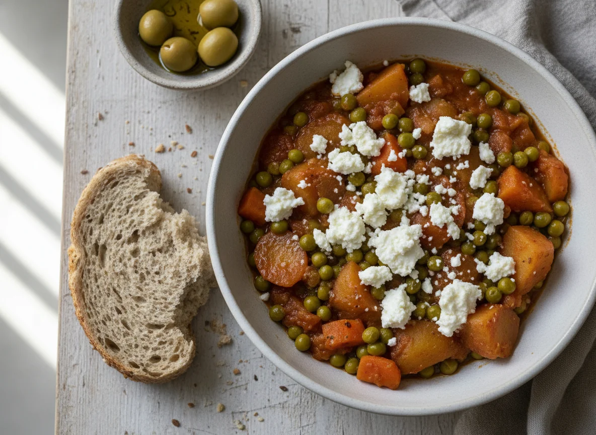 Pea and Potato Stew with Feta and Bread photo