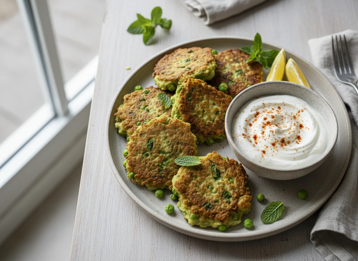 Pea fritters with yogurt dip photo