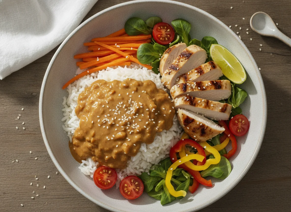 Peanut bowl with grilled chicken photo