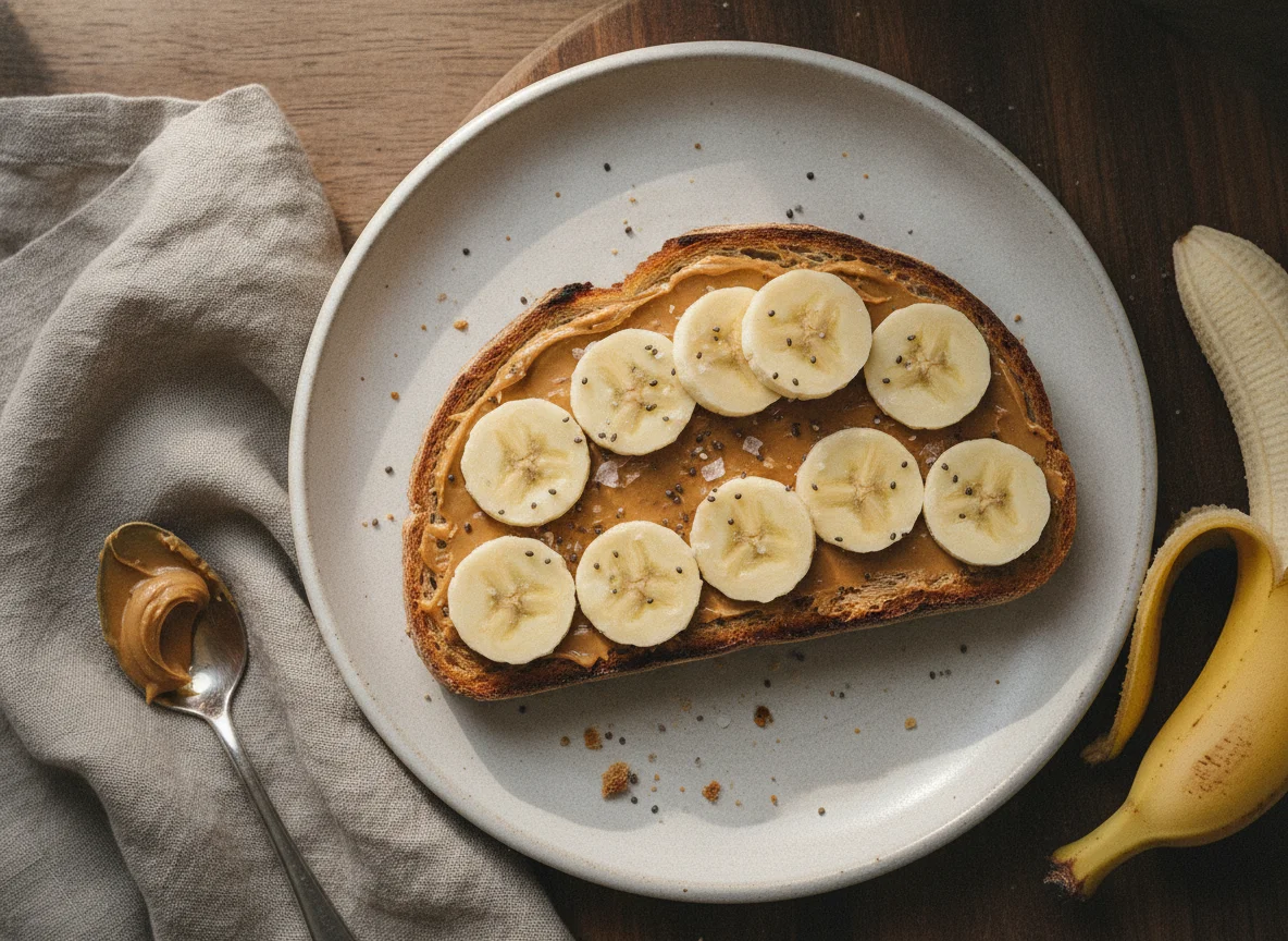 Peanut butter and banana on sourdough toast photo