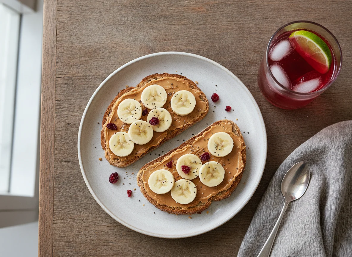 Peanut Butter and Banana Toast with Diet Cranberry Juice photo