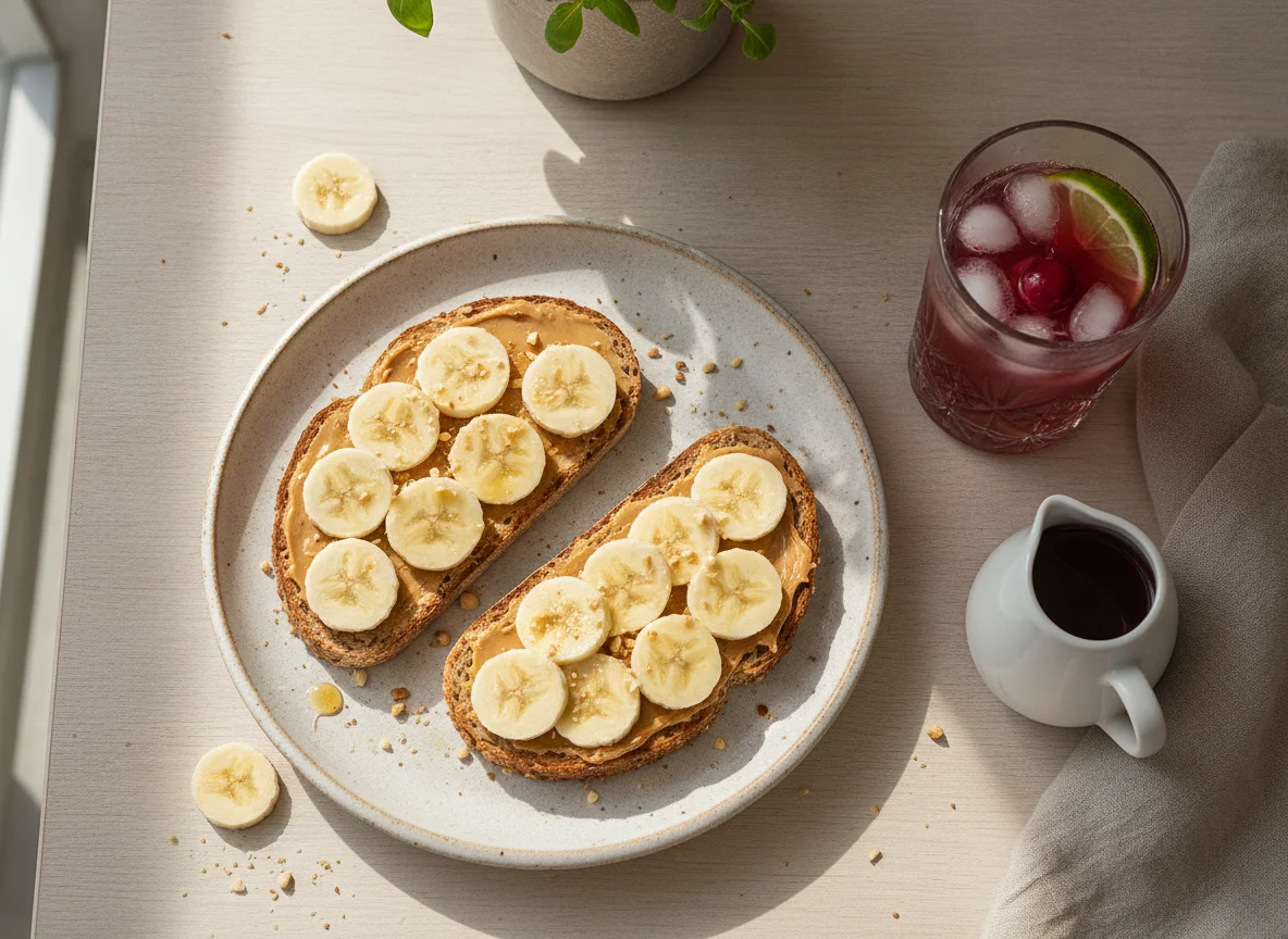 Peanut Butter and Banana Toast with Juice photo