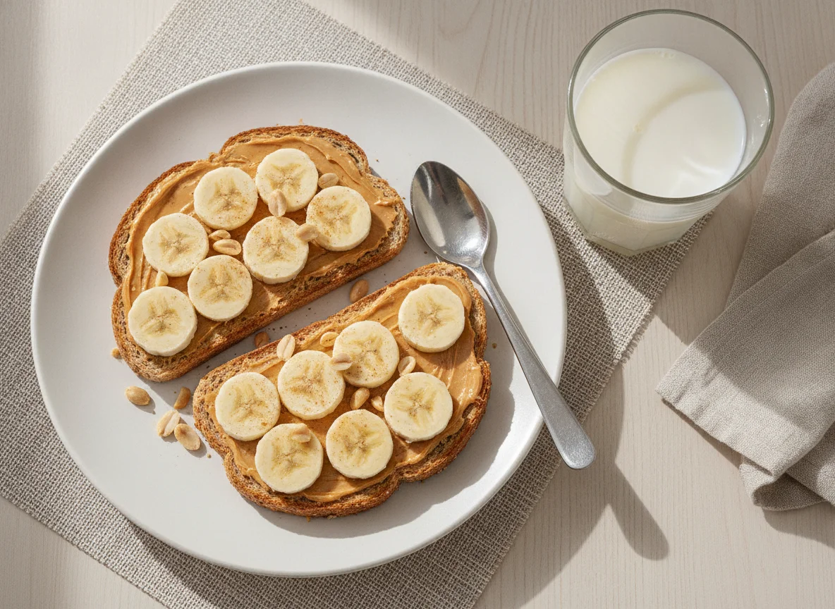 Peanut Butter and Banana Toast with Milk photo