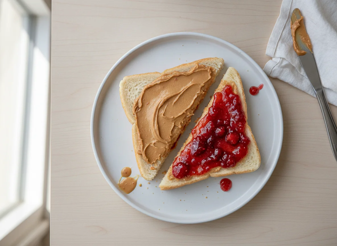 Peanut butter and jam on white bread photo