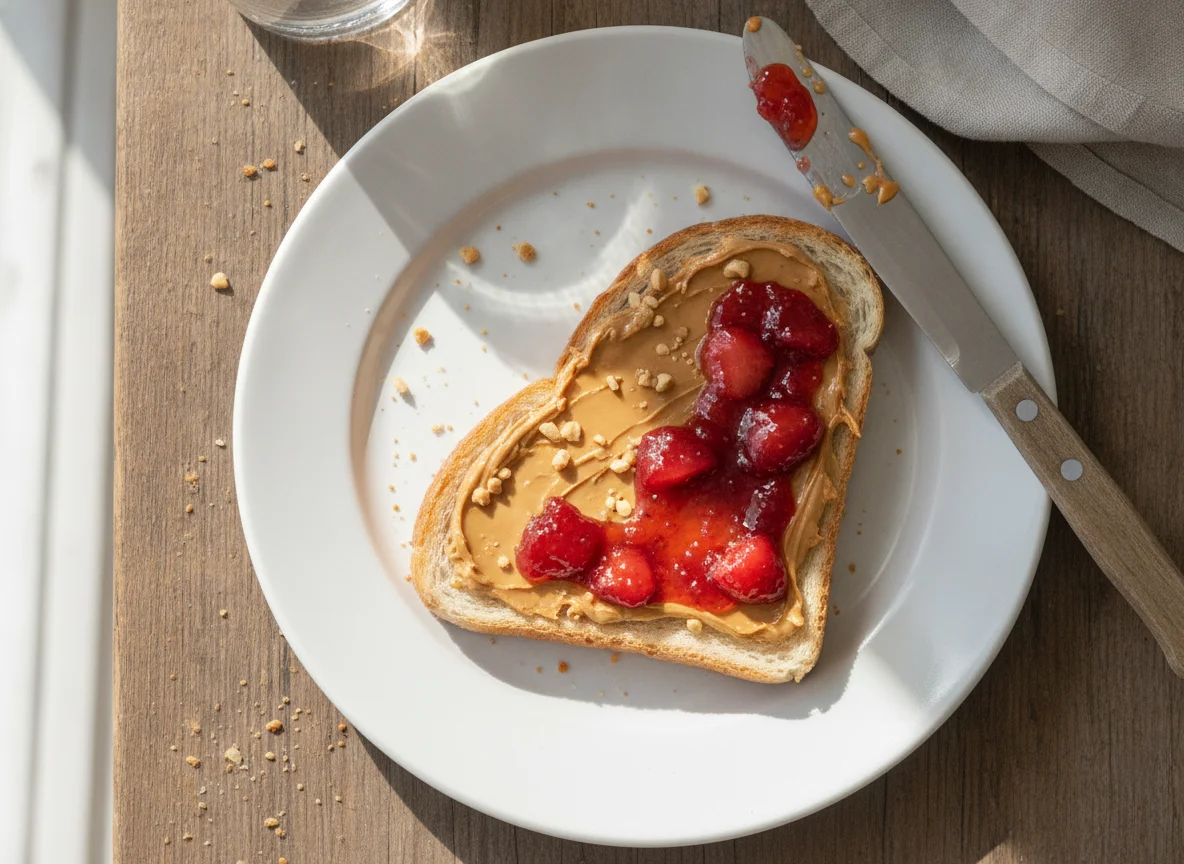 Peanut butter and jam on white toast photo
