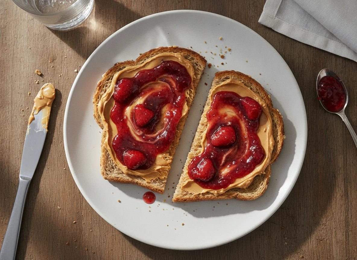 Peanut butter and jam on whole grain toast photo