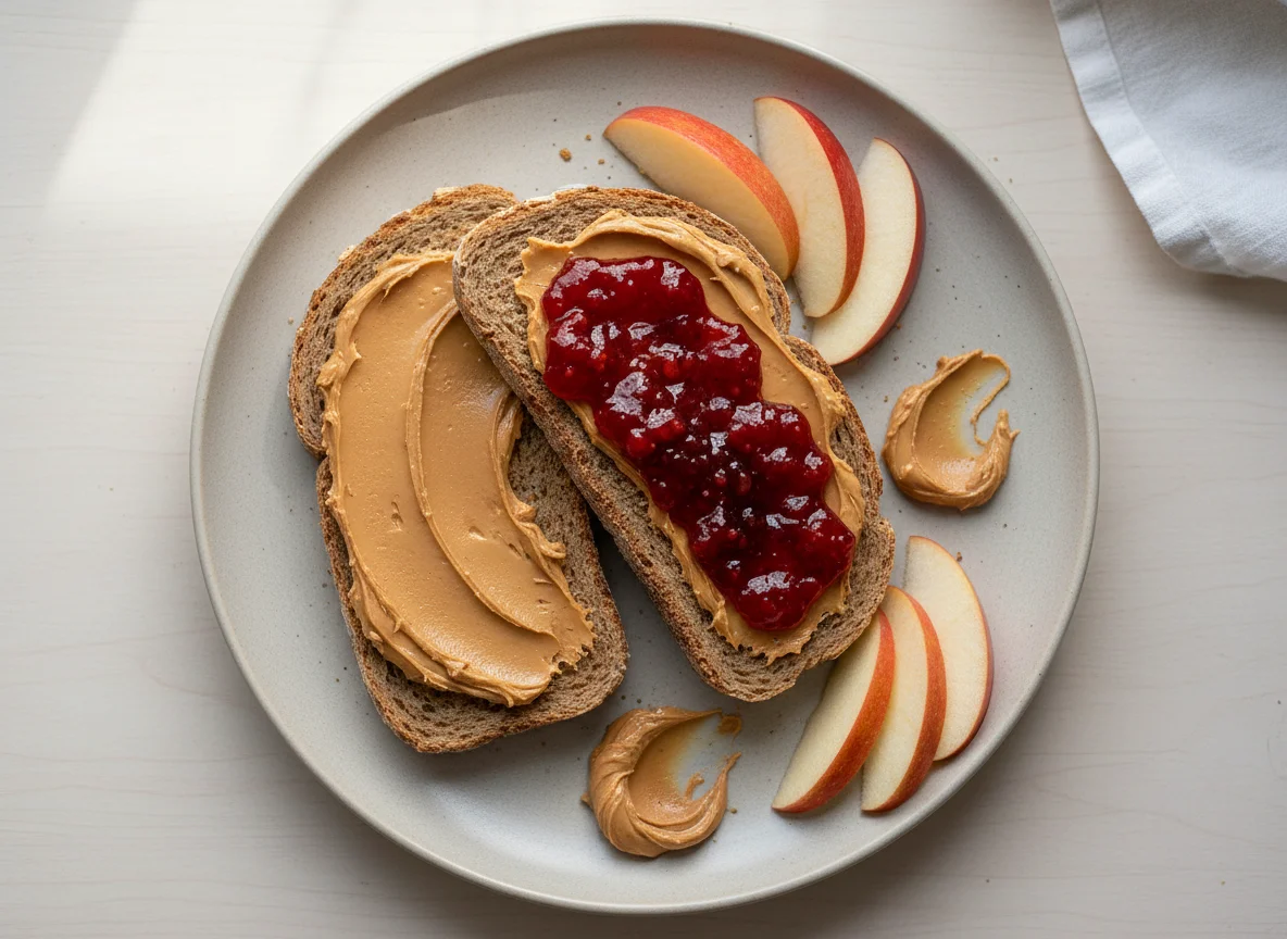 Peanut Butter and Jelly Sandwich with Apple Slices photo