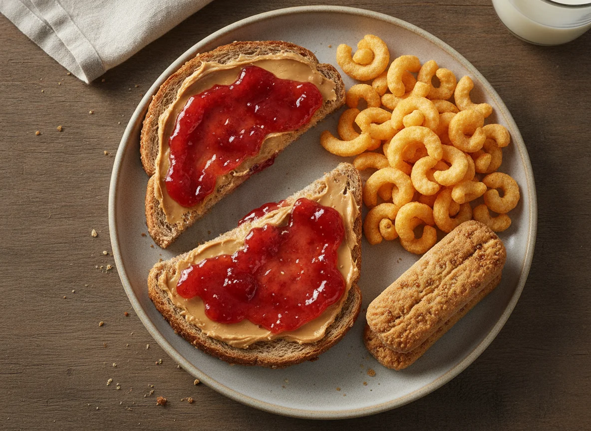 Peanut Butter and Jelly Sandwich with Curly Corn Snacks and Fig Bars photo