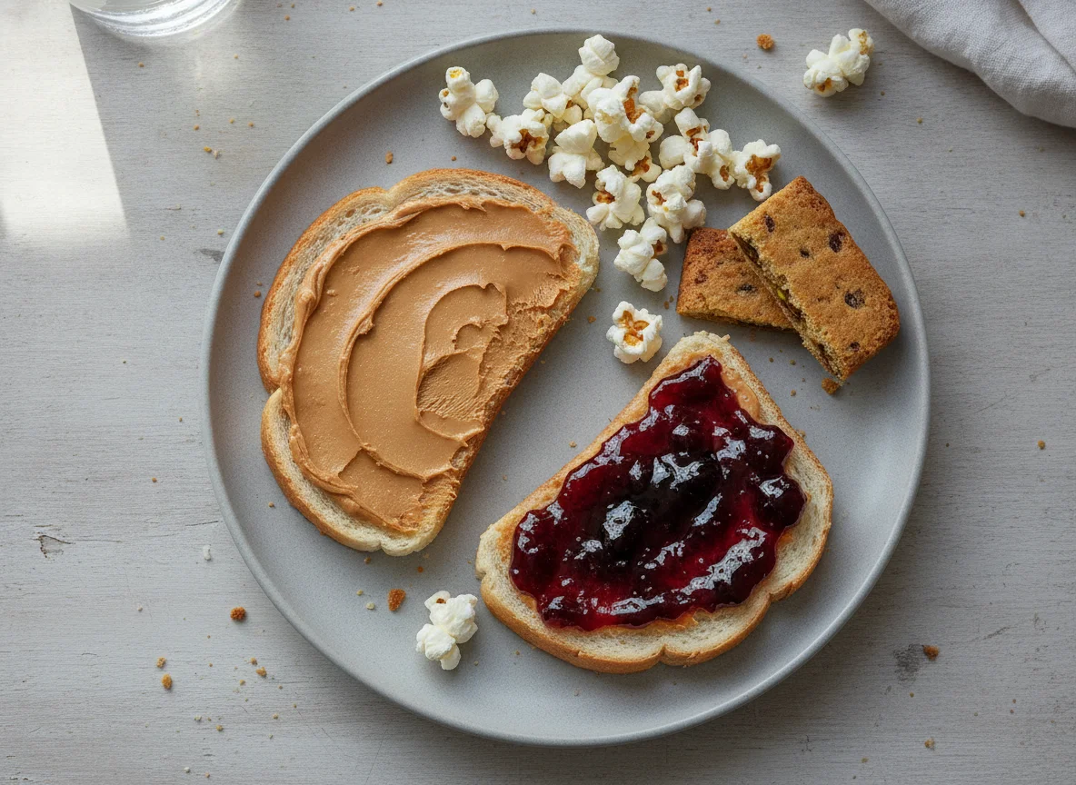 Peanut Butter and Jelly Sandwich with Popcorn and Fig Bar photo