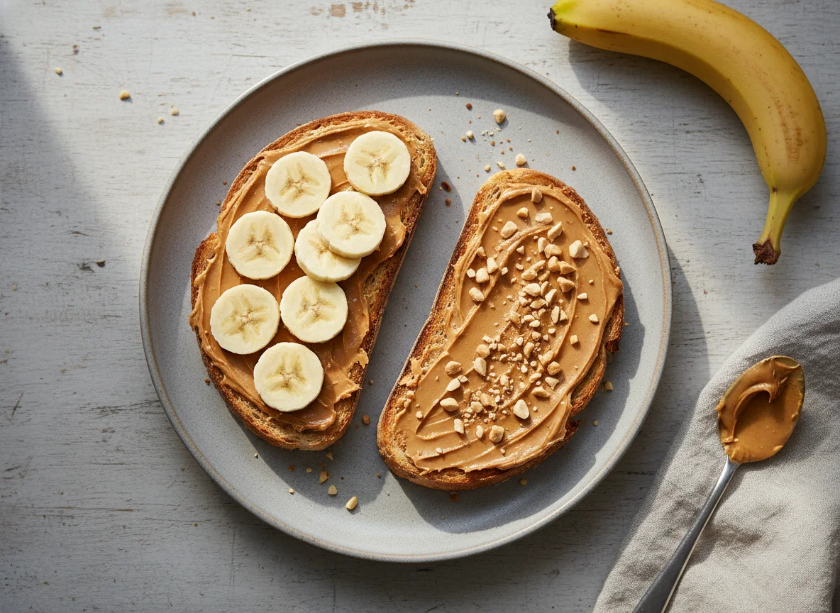 Peanut butter on sourdough toast with a banana photo