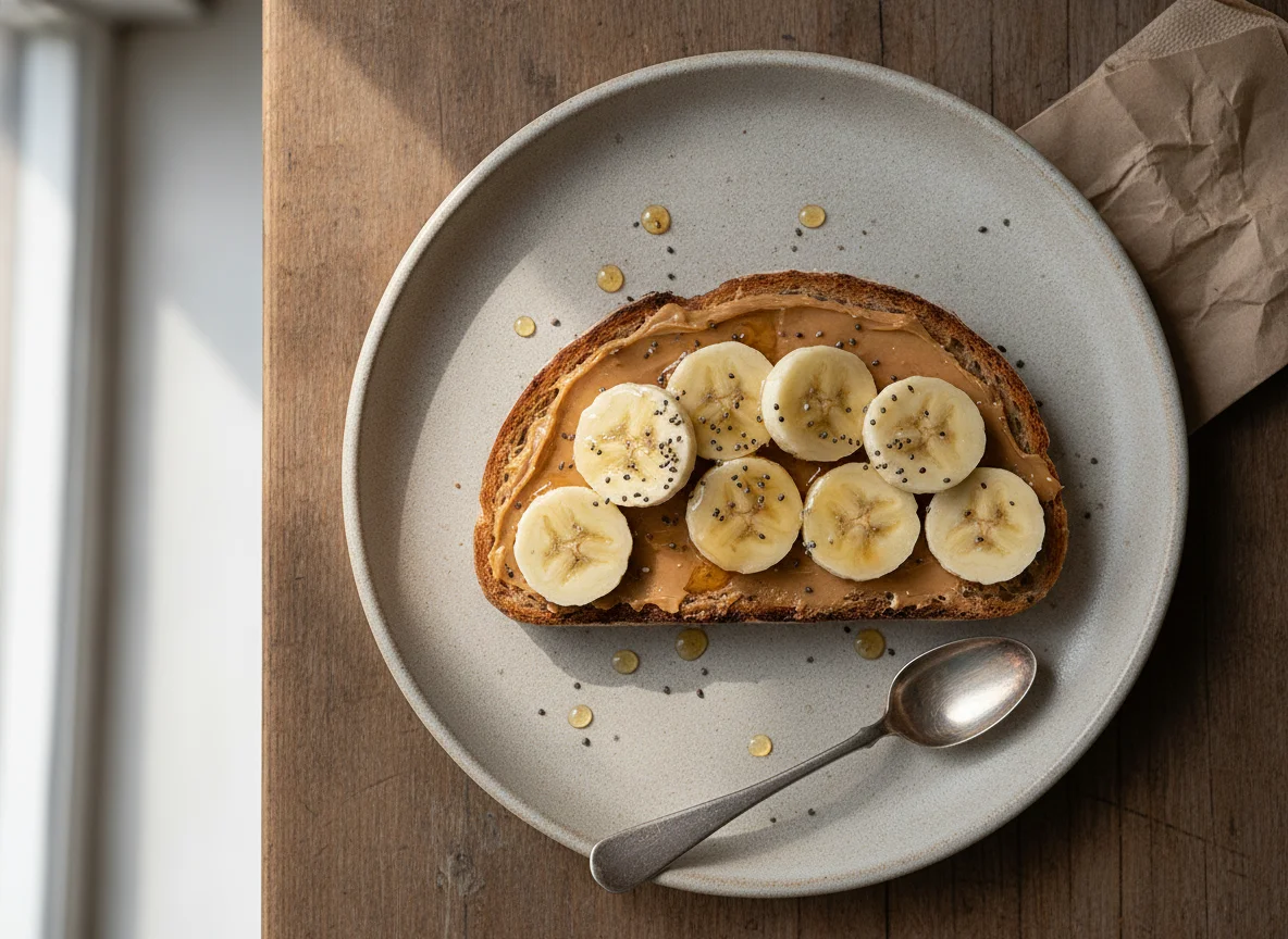 Peanut butter toast with banana photo