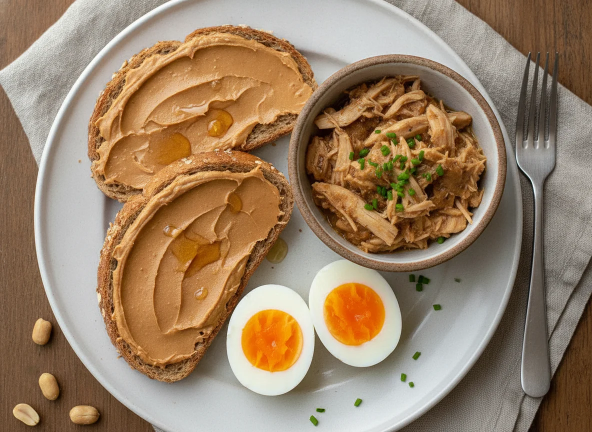 Peanut Butter Toast with Boiled Eggs and Stewed Meat photo
