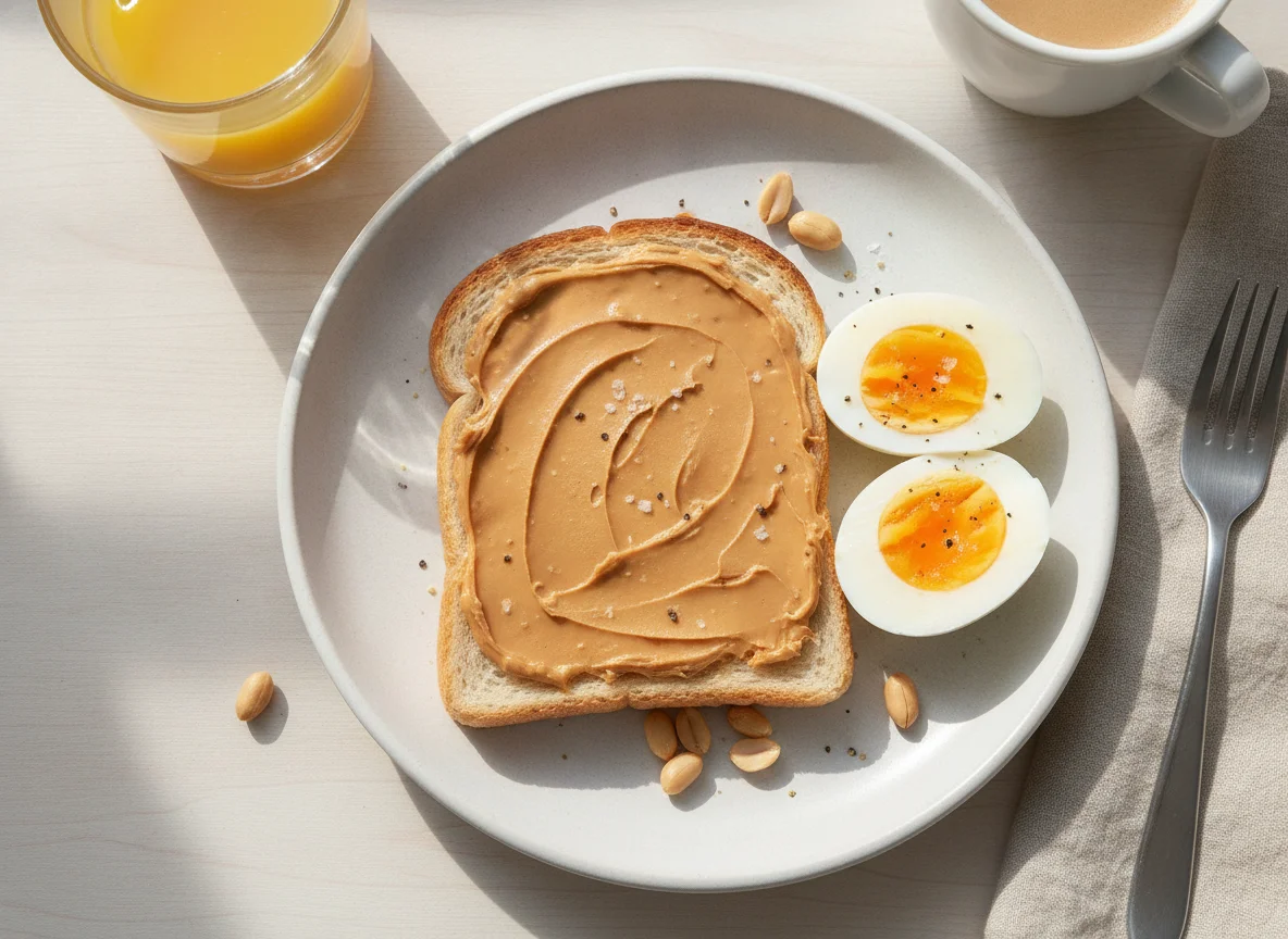 Peanut butter toast with boiled eggs photo