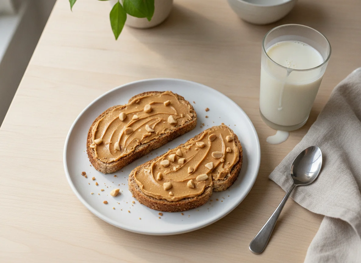 Peanut butter toast with soy milk photo