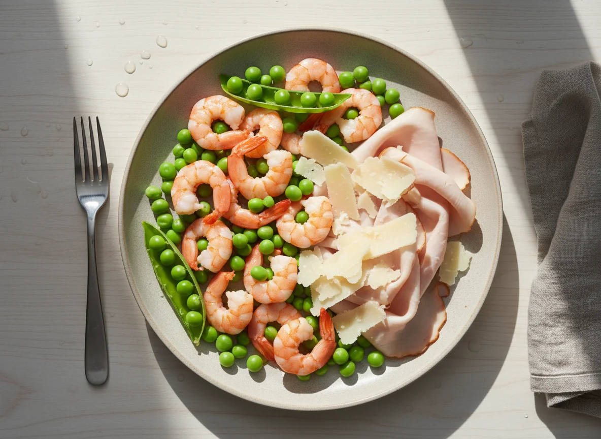 Peas, Prawns, Wafer Thin Turkey and Shaved Cheese photo