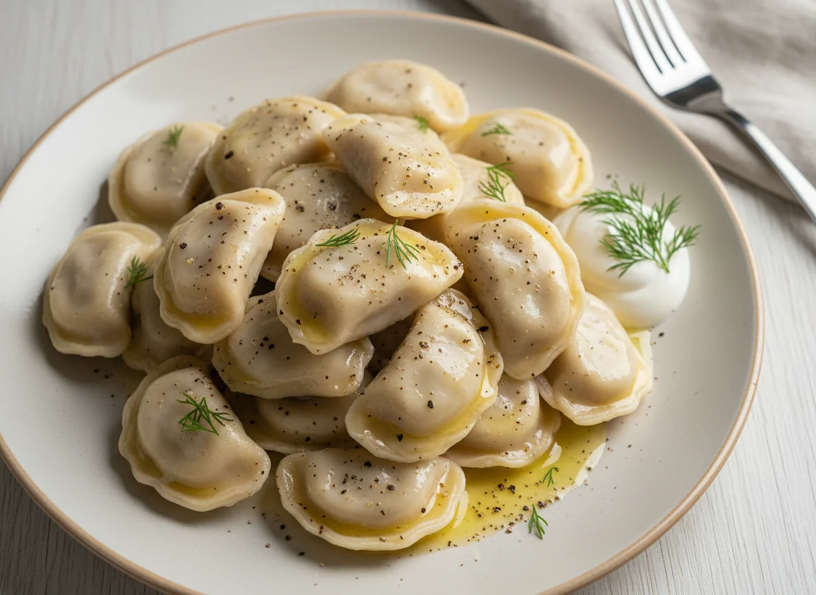 Pelmeni with butter and black pepper photo