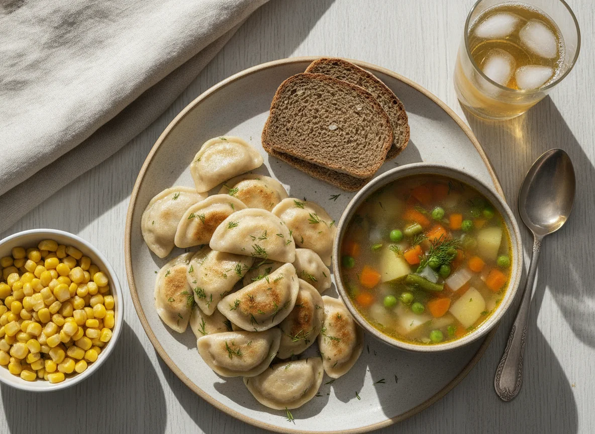 Pelmeni with Rye Bread, Vegetable Soup, and Corn photo