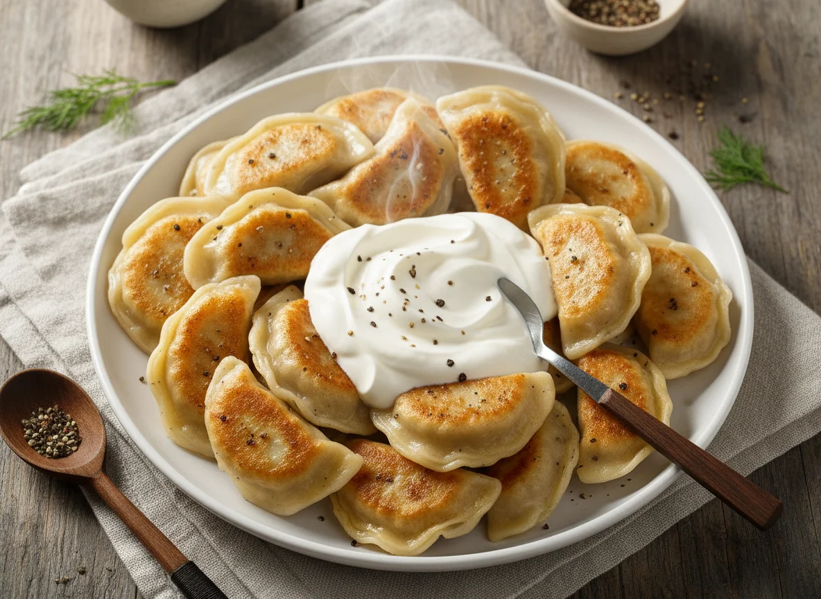 Pelmeni with sour cream and black pepper photo