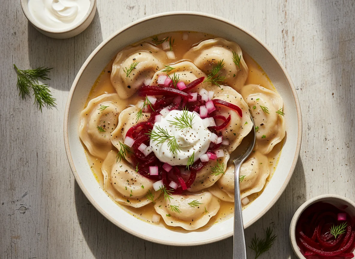Pelmeni with sour cream and pickled beetroot photo