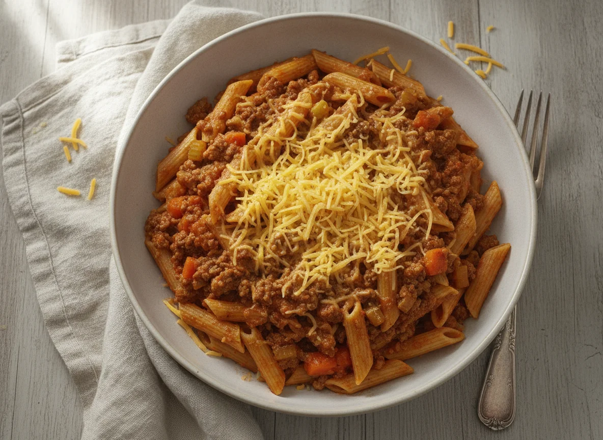 Penne Bolognese with Grated Cheese photo