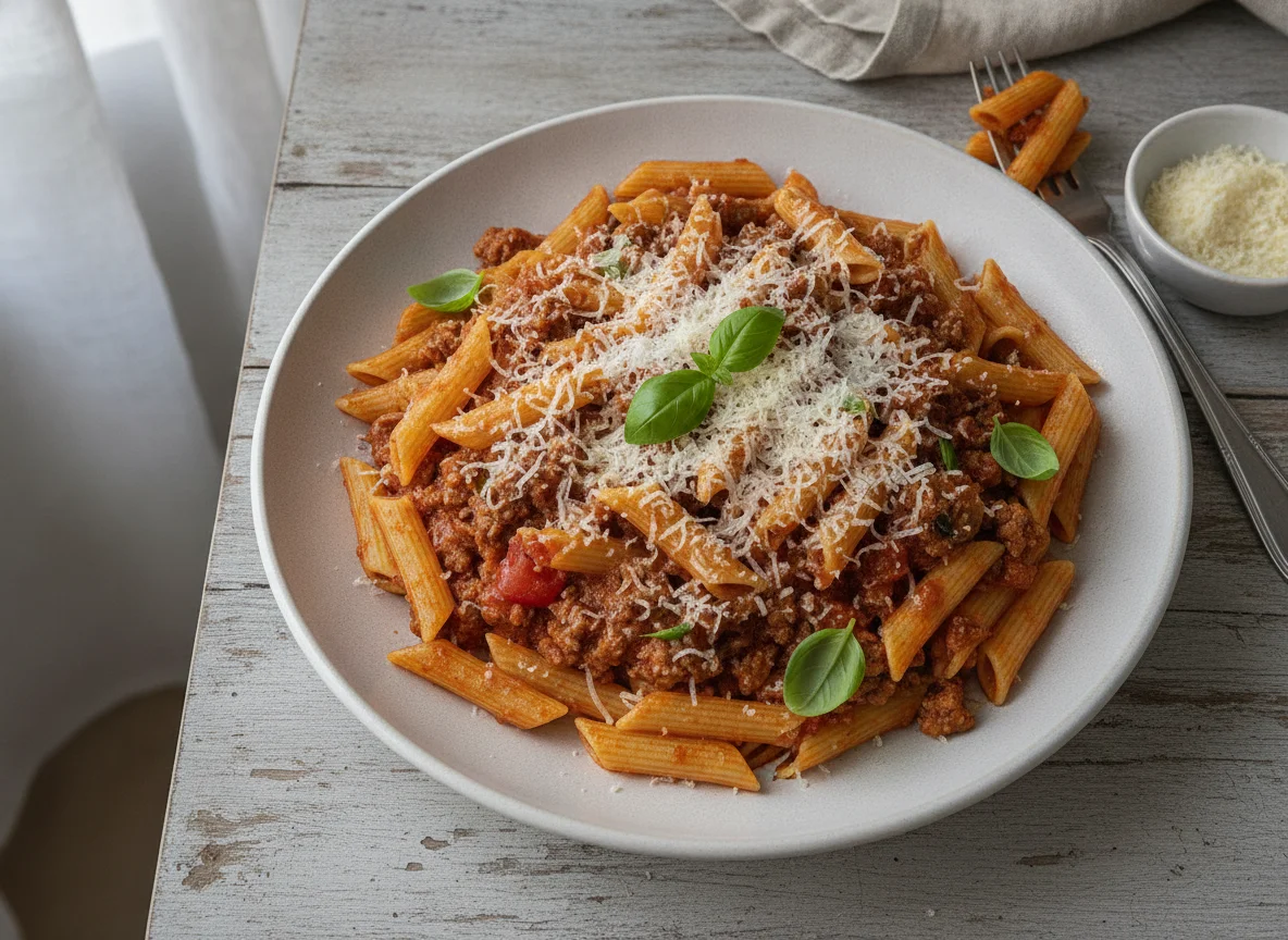 Penne Bolognese with Parmesan photo