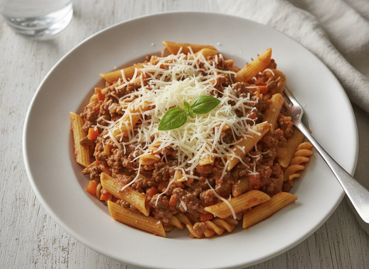 Penne Bolognese with Shredded Cheese photo