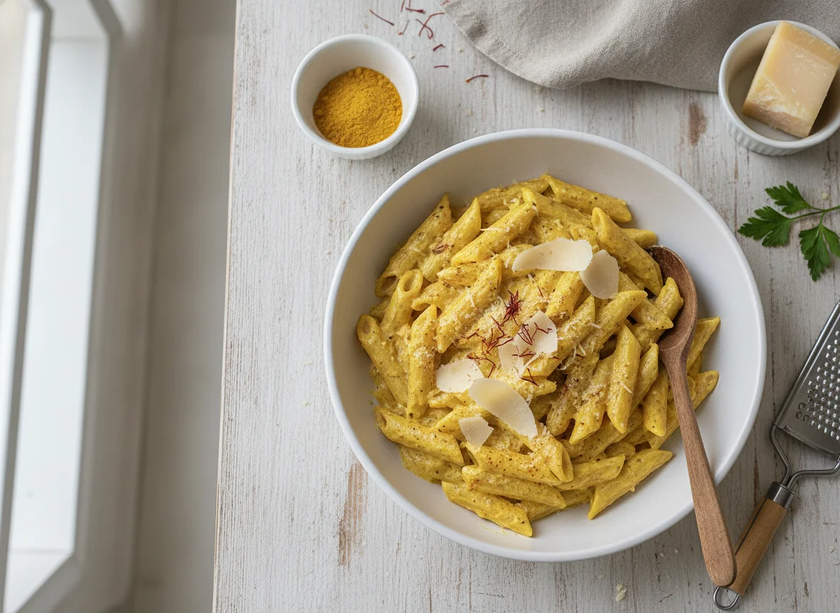 Penne in crema di Parmigiano e zafferano photo