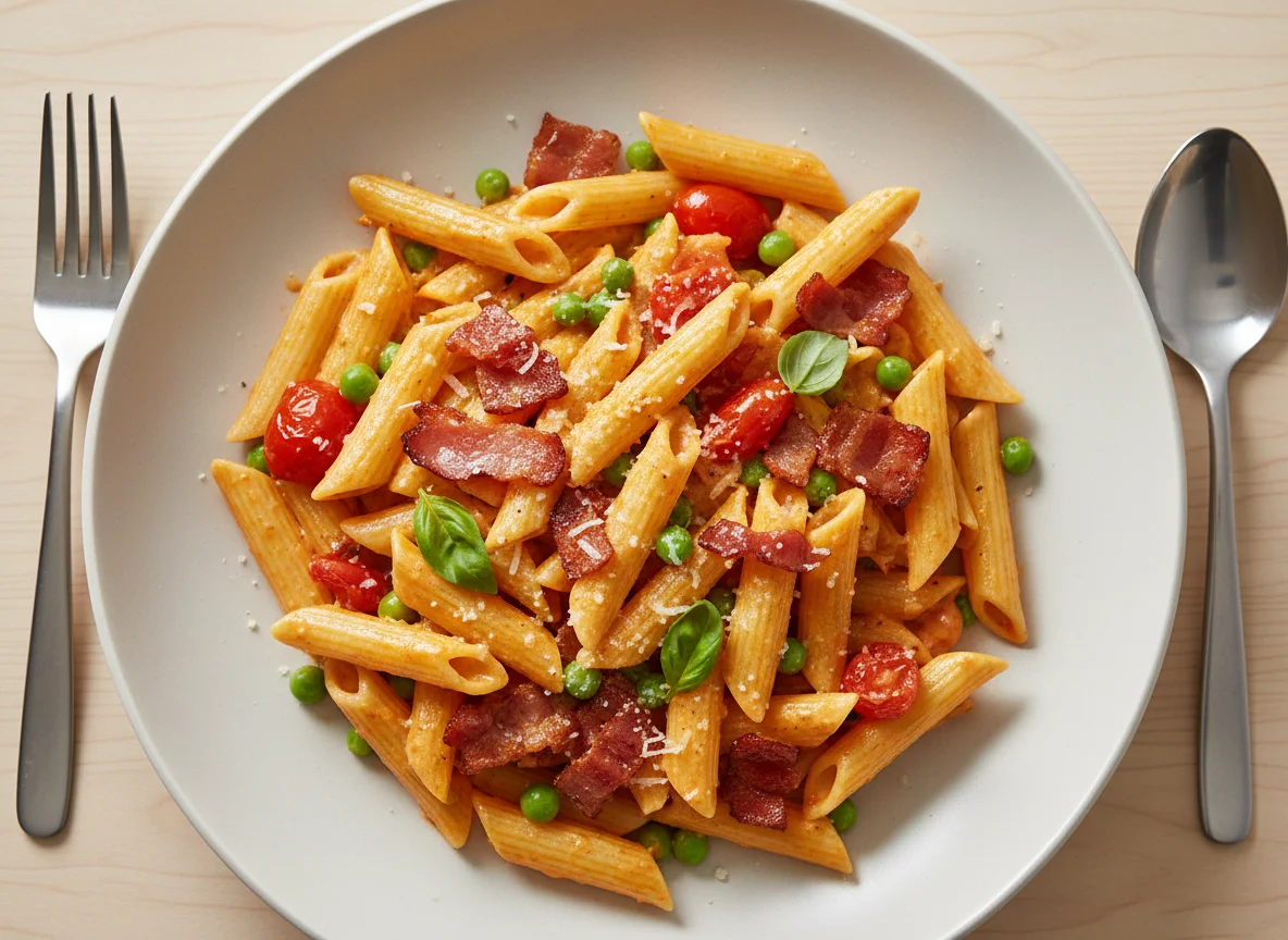Penne pasta with bacon, peas, and tomato photo