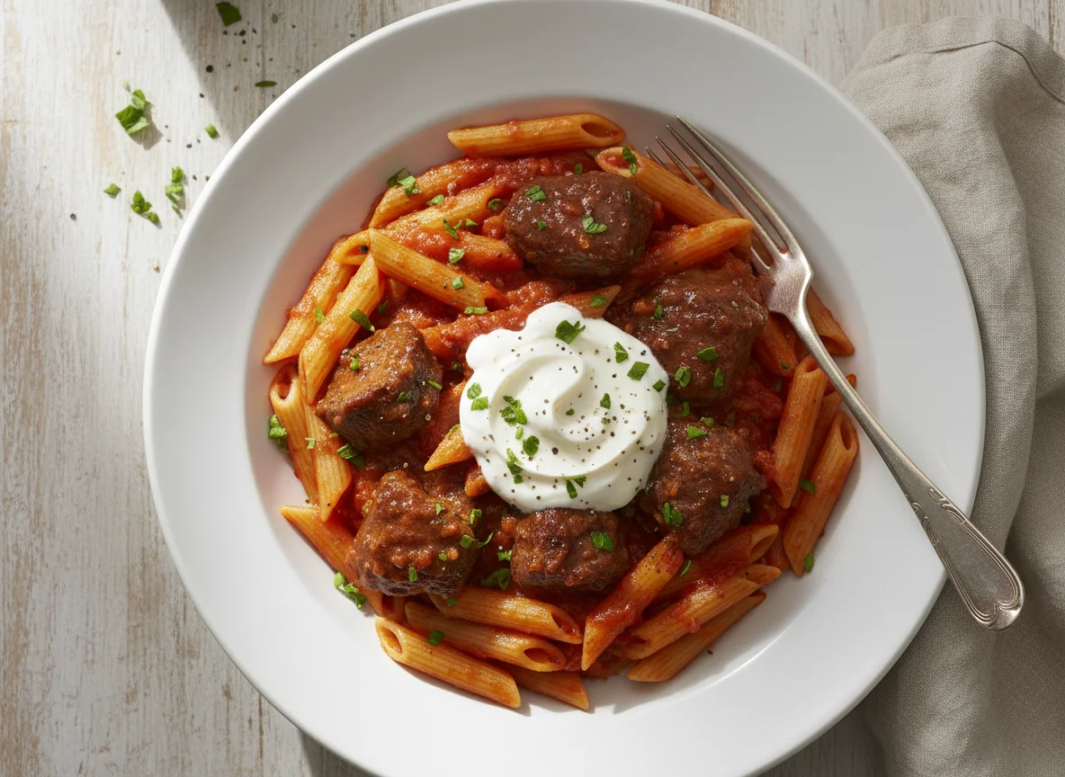 Penne pasta with beef and sour cream photo