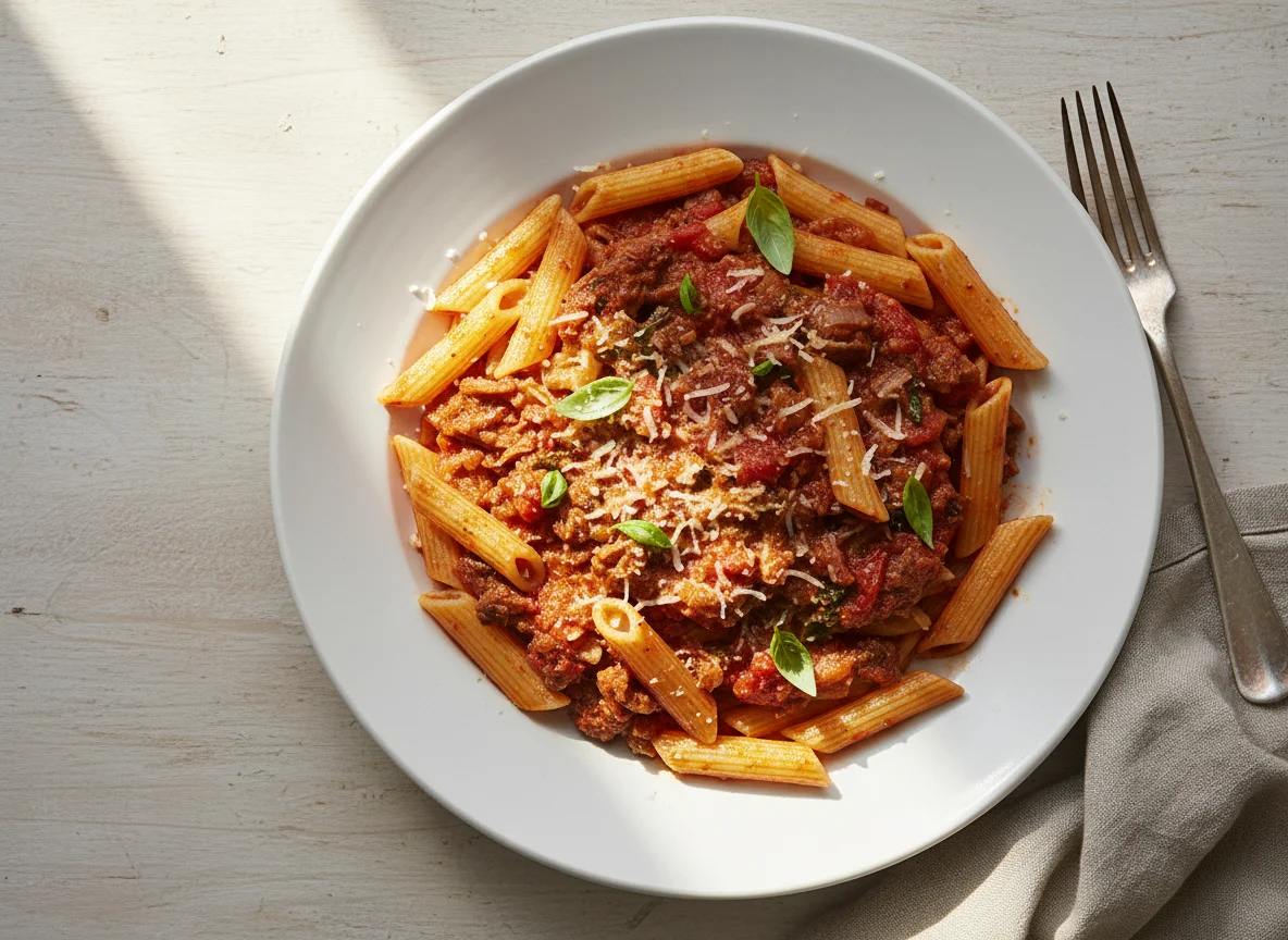 Penne pasta with beef and tomato sauce photo