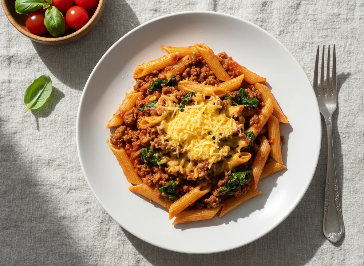 Penne Pasta with Beef Mince and Spinach photo