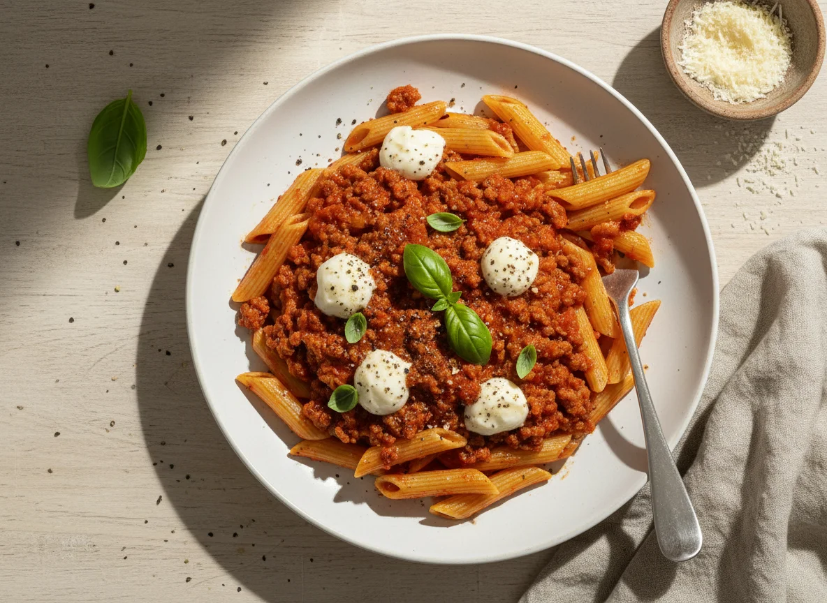 Penne Pasta with Beef Mince and Tomato Sauce photo