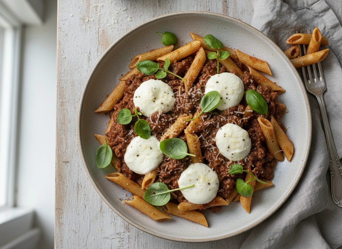 Penne Pasta with Beef Ragu and Mozzarella photo