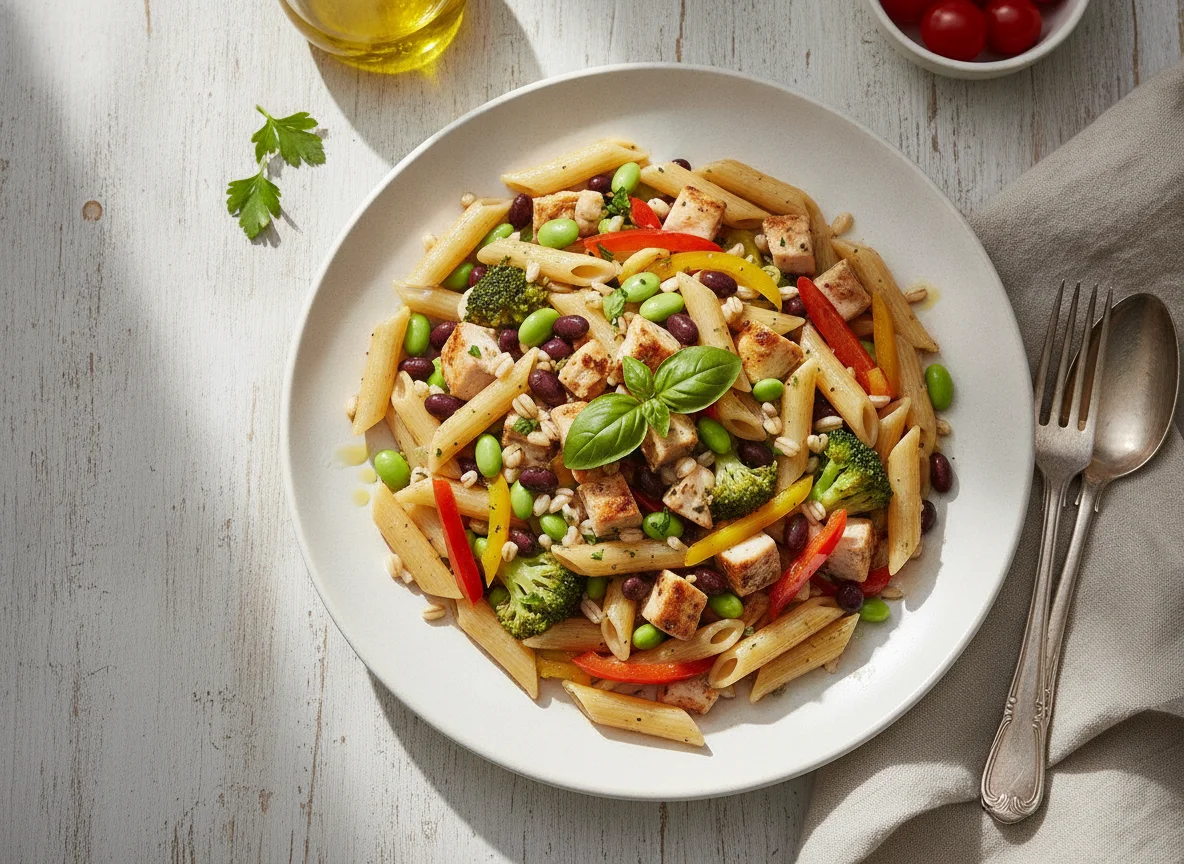 Penne pasta with chicken and bean salad photo