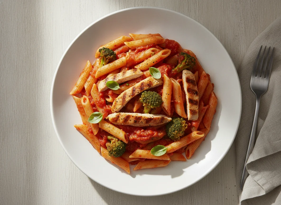 Penne Pasta with Chicken and Broccoli in Tomato Sauce photo
