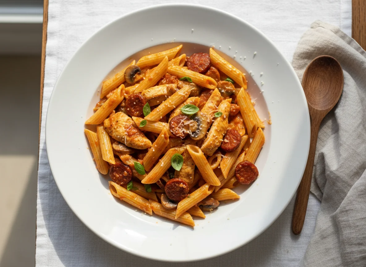 Penne Pasta with Chicken and Chorizo in Tomato Cream Sauce photo