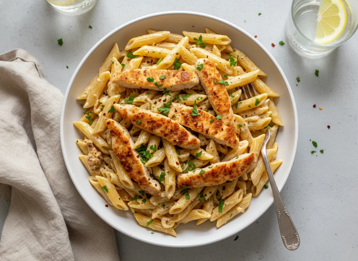 Penne pasta with chicken and creamy sauce photo
