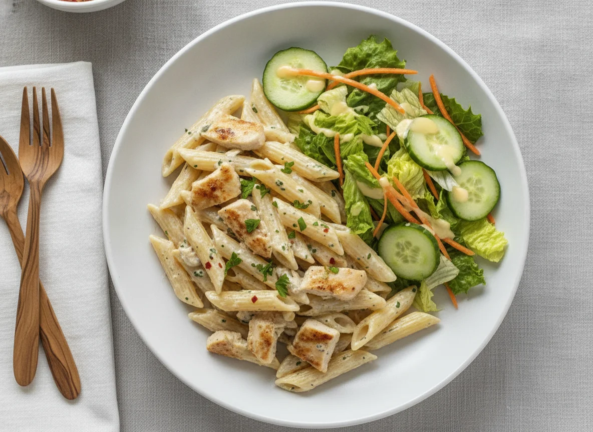 Penne Pasta with Chicken and Garden Salad photo