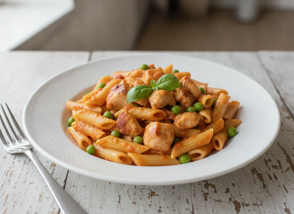 Penne pasta with chicken and peas photo