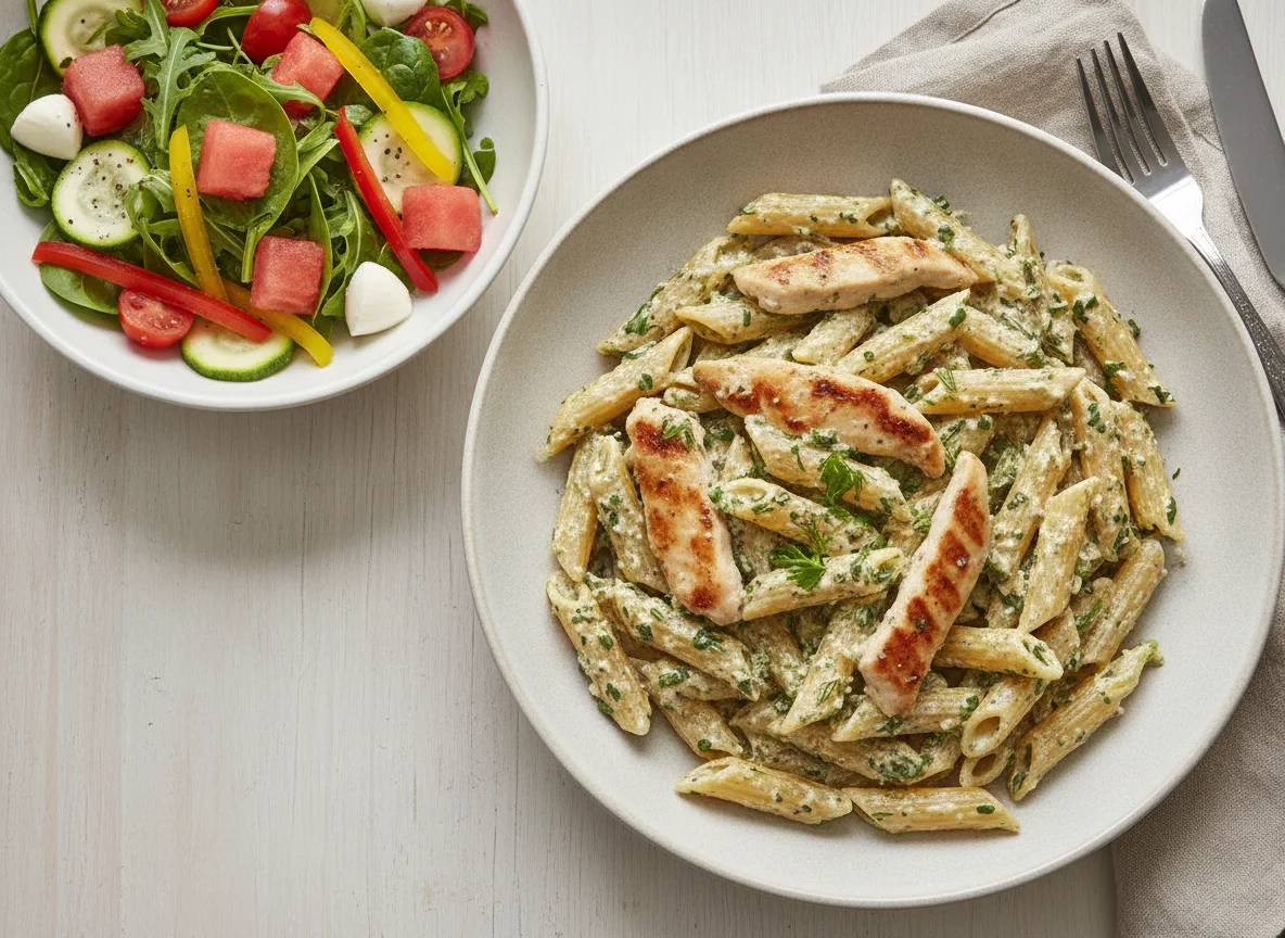 Penne Pasta with Chicken and Side Salad photo