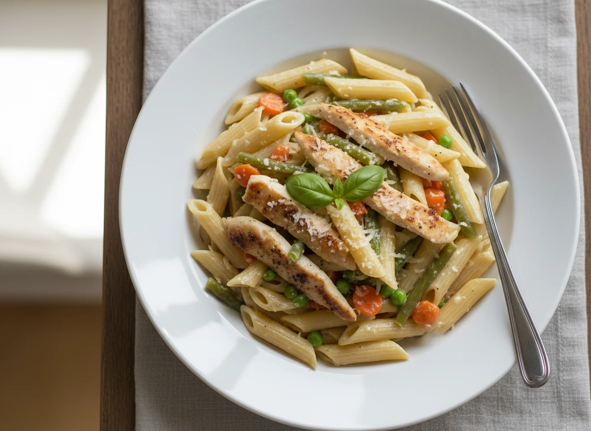 Penne Pasta with Chicken and Vegetables in Cream Sauce photo