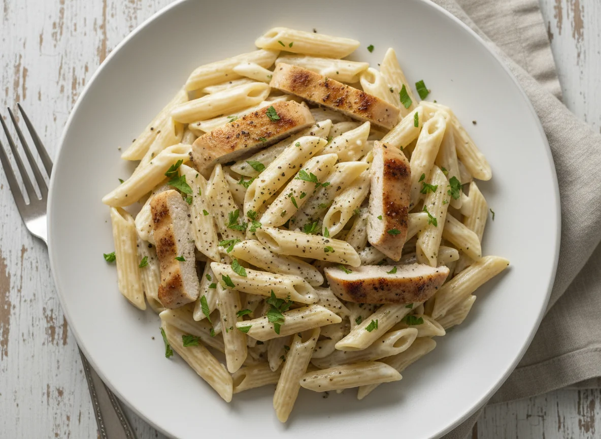Penne Pasta with Cream Sauce and Chicken photo
